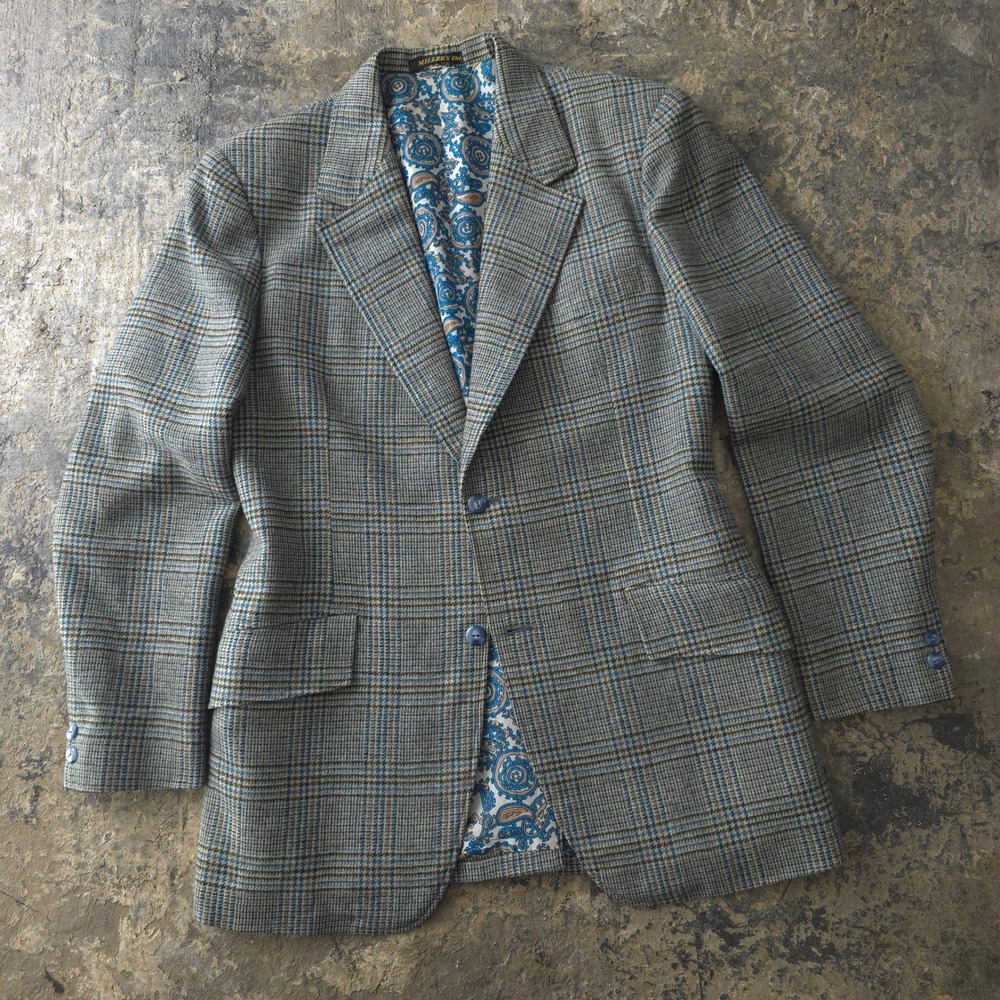 Vintage 1970s Miller's Inc Grey Plaid Sport Coat 40 Custom Tailored Paisley